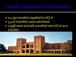 Transfer application information11,230 transfers applied to UCLA3,416 transfers were admitted1,998 were actually enrolled into UCLA as a transfer