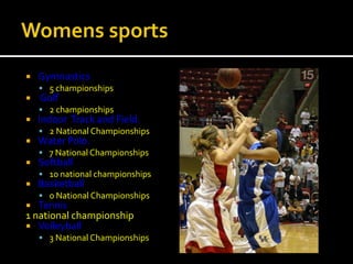 Womens sportsGymnastics5 championships Golf2 championshipsIndoor  Track and Field.2 National ChampionshipsWater Polo.7 National ChampionshipsSoftball10 national championshipsBasketball0 National ChampionshipsTennis1 national championshipVolleyball3 National Championships