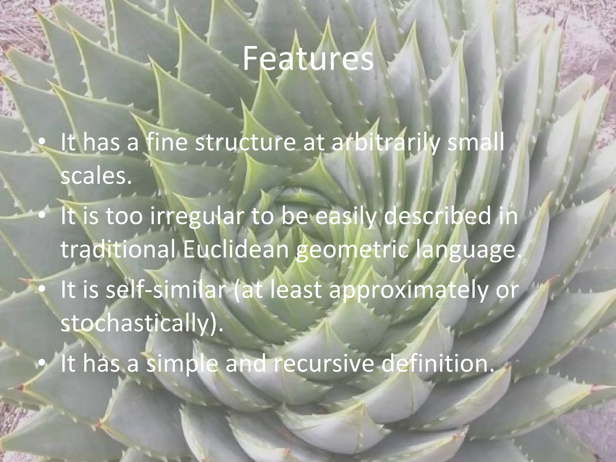 Features It has a fine structure at arbitrarily small scales. It is too irregular to be easily described in traditional Euclidean geometric language. It is self-similar (at least approximately or stochastically). It has a simple and recursive definition. 