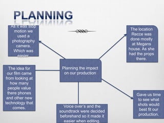 Planning The location Recce was done mostly at Megans house. As she had the props there. As it was stop motion we used a photography camera. Which was easier. Planning the impact on our productionThe idea for our film came from looking at how many people value there phones and other new technology that comes. Gave us time to see what shots would best fit our production. Voice over’s and the soundtrack were decided beforehand so it made it easier when editing. 