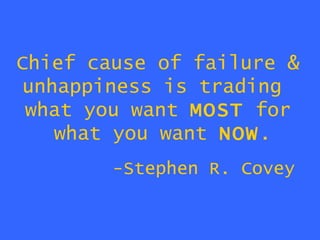 Chief cause of failure & unhappiness is trading  what you want  MOST  for what you want  NOW .   -Stephen R. Covey   