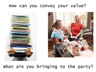 How can you convey your value?   What are you bringing to the party? resumes 