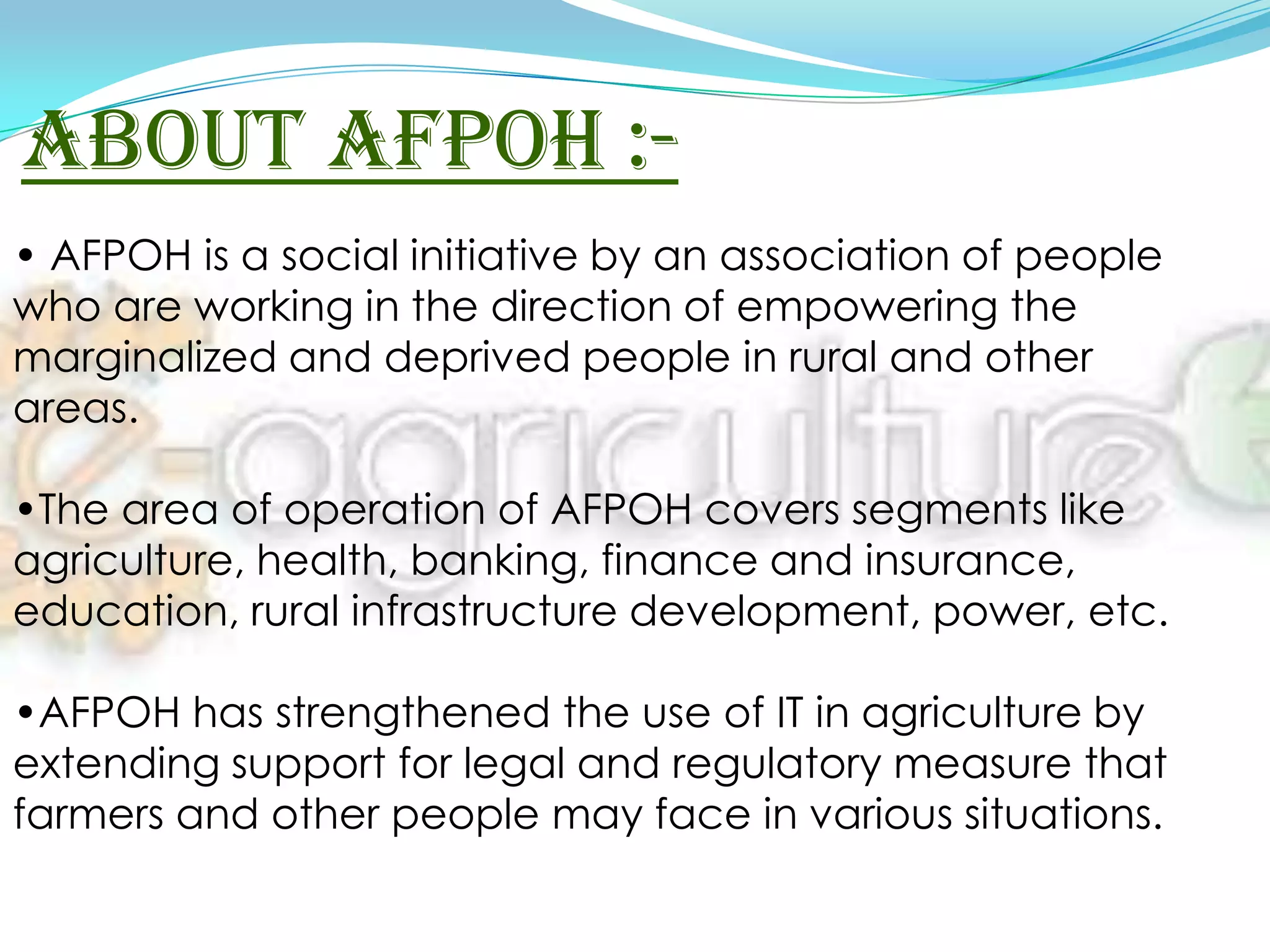 IT for Agriculture production and Marketing:	IT is playing an important and vital role in agricultural production and marketing. In order to take the real status of agricultural production and marketing, there is an urgent need to develop the following items:Farmers’ crop database should be managed. The database includes the kinds of crops, the size of cultivated area, time of harvest and yield.Crops information service should be created.Production techniques and information inquiry system should be created. 