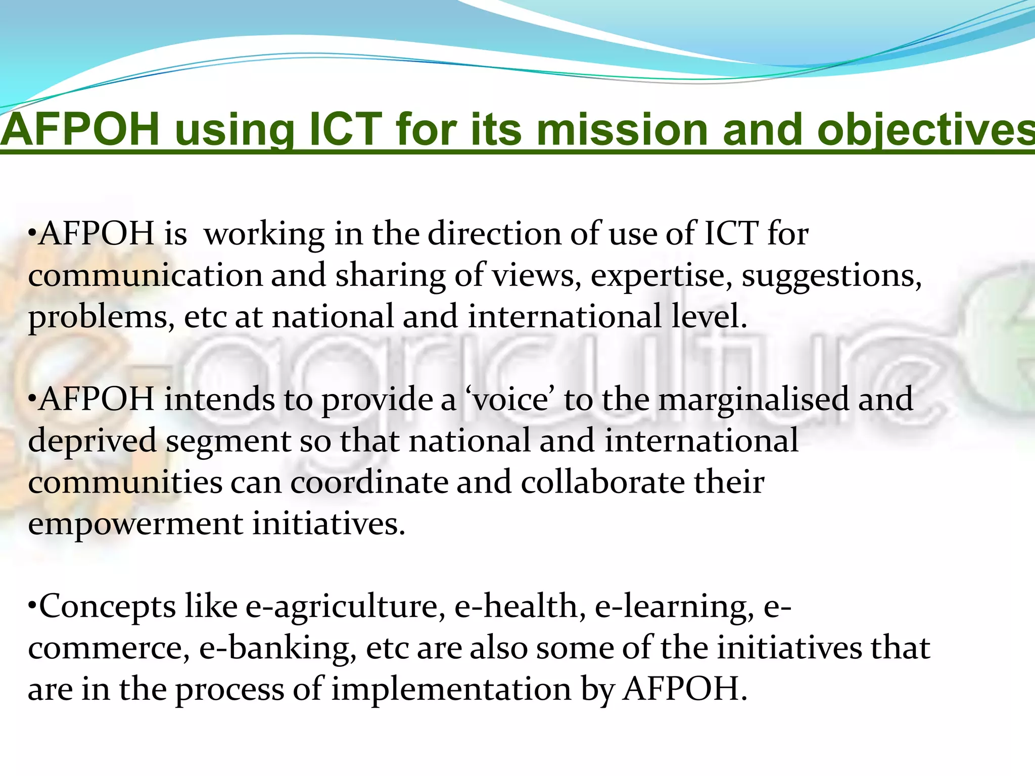 IT Vision 2020:Department of Agriculture & corporation (DAC) has formulated IT vision 2020. This vision inter-alia envisages that:a) Information relating to agriculture sector would be available to the ultimate users – the farmers - for optimizing their productivity and income;b) Extension and advisory services making use of information technology would be available to the farmers on round the clock basis;c) The tools for information technology will provide networking of agriculture sector not only in the country but also globally