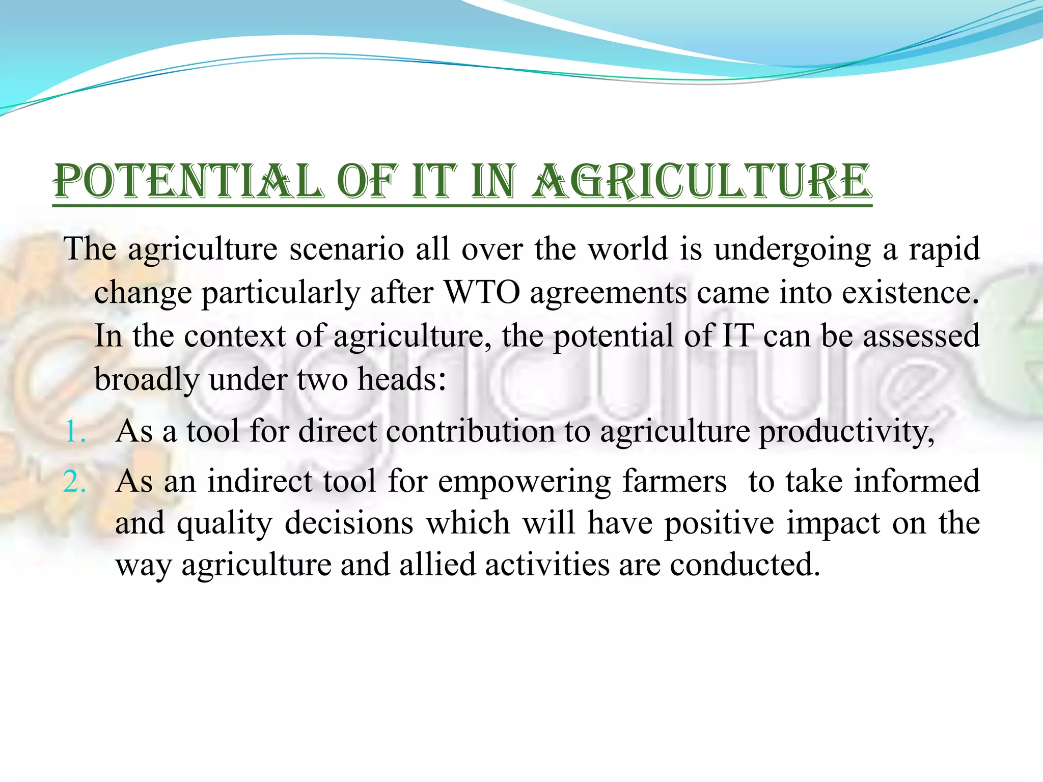  Almost two-thirds of the total work-force earns their livelihood though farming and other allied sectors like forestry, logging and fishing which account 18% of the GDP.Inputs, processes and outputs of Agriculture- an agriculture systemOUTPUTSPHYSICAL INPUTS-Rainfall-sunlight-relief flat and fertile land)-soilHUMAN INPUTS-Fertilizer-capital-Farming tools-seeds-labour-pesticides-herbicidesPROCESSESPloughingSowingIrrigatingFertilizingharvestingCash earned from the sale of farm produce