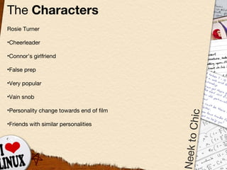 The  Characters Rosie Turner Cheerleader Connor’s girlfriend False prep Very popular Vain snob Personality change towards end of film Friends with similar personalities 