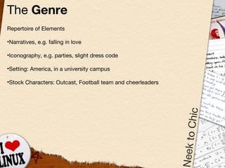 The  Genre Repertoire of Elements Narratives, e.g. falling in love Iconography, e.g. parties, slight dress code Setting: America, in a university campus Stock Characters: Outcast, Football team and cheerleaders 