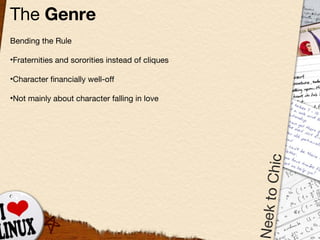 The  Genre Bending the Rule Fraternities and sororities instead of cliques Character financially well-off Not mainly about character falling in love 
