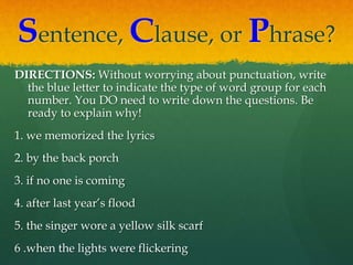 Sentence, Clause, or Phrase?
DIRECTIONS: Without worrying about punctuation, write
the blue letter to indicate the type of word group for each
number. You DO need to write down the questions. Be
ready to explain why!
1. we memorized the lyrics
2. by the back porch
3. if no one is coming
4. after last year’s flood
5. the singer wore a yellow silk scarf
6 .when the lights were flickering
 