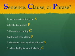 Sentence, Clause, or Phrase?1. we memorized the lyrics S2. by the back porch P3. if no one is coming C4. after last year’s flood P5. the singer wore a yellow silk scarf S6 .when the lights were flickering C