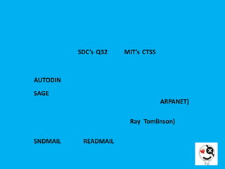 ประวัติของอีเมล อีเมลเริ่มใช้กันในปี พ.ศ. 2508 (ค.ศ. 1965) โดยใช้ในการส่งข้อมูลระหว่างผู้ใช้ภายในเครื่องคอมพิวเตอร์เมนเฟรม ปัจจุบันได้มีการเถียงกันระหว่างเครื่อง SDC’s Q32 และ MIT’s CTSS ว่าใครเป็นผู้ใช้ระบบอีเมลเป็นเครื่องแรก ต่อมาพัฒนาให้สามารถส่งอีเมลข้ามระหว่างเครื่องคอมพิวเตอร์ได้ โดยระบบแรก ๆ ได้แก่ ระบบ AUTODIN ซึ่งเป็นระบบเชื่อมโยงข้อมูลของกระทรวงกลาโหมสหรัฐฯ (ปีพ.ศ. 2509) และ ระบบ SAGE ซึ่งใช้ตรวจจับเครื่องบินทิ้งระเบิด ระบบเครือข่ายคอมพิวเตอร์ อาร์พาเน็ต (ARPANET) มีส่วนเป็นอย่างมากในการพัฒนาอีเมล มีการทดลองส่งครั้งแรกในเครือข่ายเมื่อปีพ.ศ. 2512 ในปี พ.ศ. 2514 นายเรย์ ทอมลินสัน (Ray Tomlinson) เริ่มใช้เครื่องหมาย @ ในการคั่นระหว่างชื่อผู้ใช้กับชื่อเครื่อง เขายังเขียนโปรแกรมรับส่งอีเมลที่ชื่อ SNDMAIL และ READMAIL อาร์พาเน็ตทำให้อีเมลได้รับความนิยม และอีเมลก็ได้กลายเป็นงานหลักของอาร์พาเน็ต 