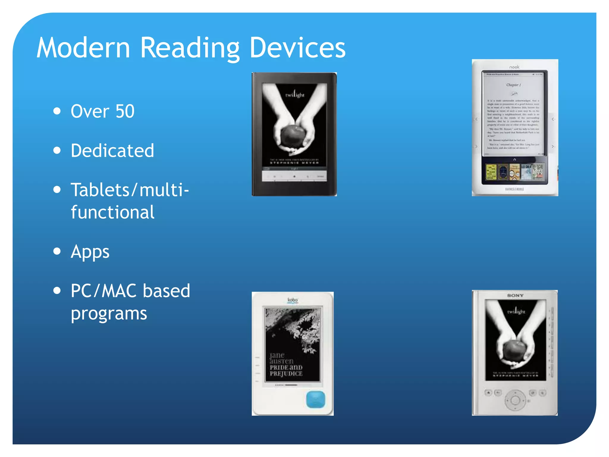 Modern Reading DevicesOver 50DedicatedTablets/multi-functionalAppsPC/MAC based programs