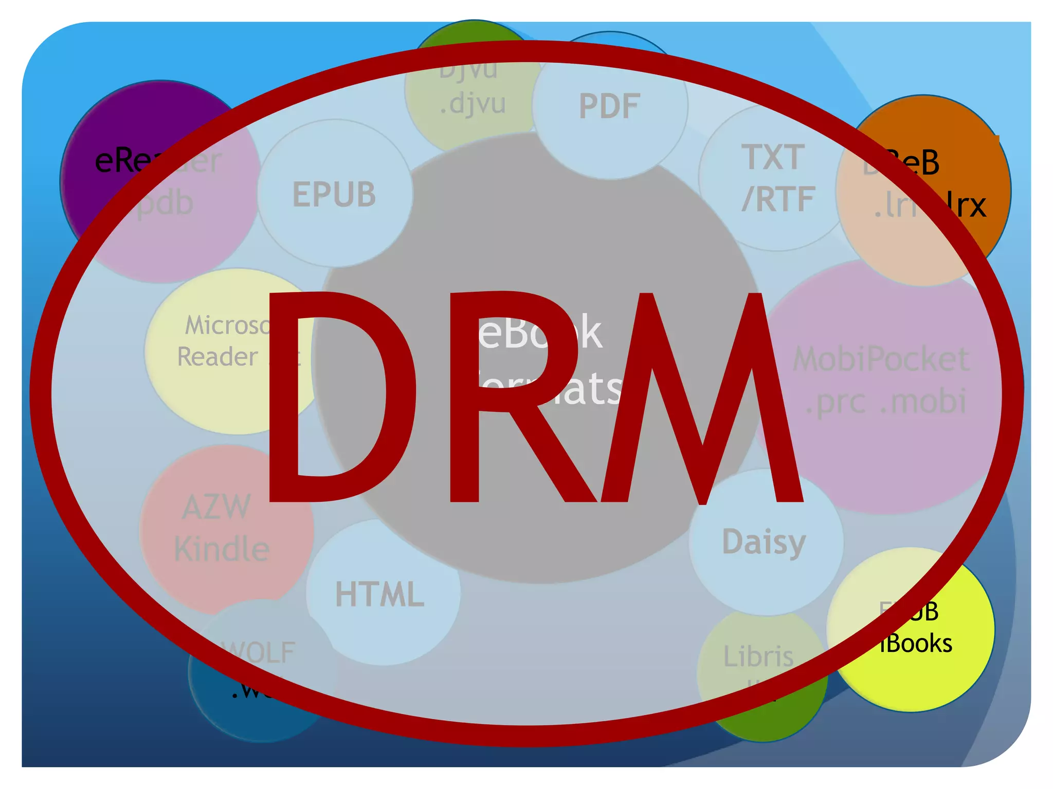 DRMPDFBBeB .lrf .lrxDjVu.djvueBook FormatsWOLF.wolEPUBeReader.pdbMobiPocket .prc .mobiDaisyMicrosoftReader .litLibris.lbrHTMLTXT/RTFEPUB iBooksAZW Kindle