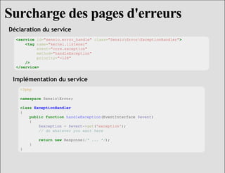 Surcharge des pages d'erreurs
Déclaration du service
  <service id="sensio.error_handle" class="SensioErrorExceptionHandle...