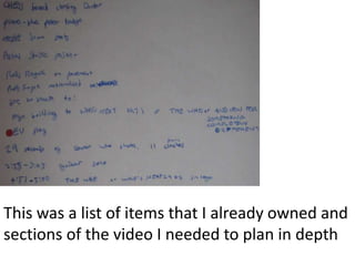 This was a list of items that I already owned and sections of the video I needed to plan in depth 