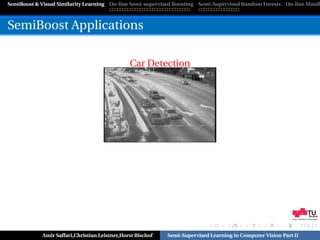 SemiBoost & Visual Similarity Learning On-line Semi-supervised Boosting Semi-Supervised Random Forests On-line Manifo



SemiBoost Applications

                                               Car Detection




                                                                                                            Graz University of Technology




            Amir Saffari,Christian Leistner,Horst Bischof   Semi-Supervised Learning in Computer Vision Part II
 