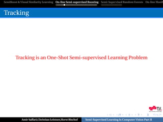 SemiBoost & Visual Similarity Learning On-line Semi-supervised Boosting Semi-Supervised Random Forests On-line Manifo



Tracking




        Tracking is an One-Shot Semi-supervised Learning Problem




                                                                                                            Graz University of Technology




            Amir Saffari,Christian Leistner,Horst Bischof   Semi-Supervised Learning in Computer Vision Part II
 
