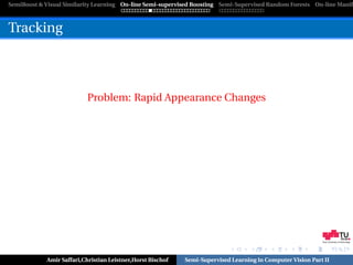 SemiBoost & Visual Similarity Learning On-line Semi-supervised Boosting Semi-Supervised Random Forests On-line Manifo



Tracking



                          Problem: Rapid Appearance Changes




                                                                                                            Graz University of Technology




            Amir Saffari,Christian Leistner,Horst Bischof   Semi-Supervised Learning in Computer Vision Part II
 