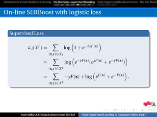 SemiBoost & Visual Similarity Learning On-line Semi-supervised Boosting Semi-Supervised Random Forests On-line Manifo



On-line SERBoost with logistic loss


    Supervised Loss


                  Ll (XL ) =                   log 1 + e −2yF (x)
                                  (x,y)∈Xl

                              =                 log e −yF (x) (e yF (x) + e −yF (x) )
                                  (x,y)∈XL

                              =                 −yF (x) + log e F (x) + e −F (x) .
                                  (x,y)∈XL




                                                                                                            Graz University of Technology




            Amir Saffari,Christian Leistner,Horst Bischof   Semi-Supervised Learning in Computer Vision Part II
 