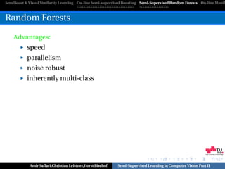SemiBoost & Visual Similarity Learning On-line Semi-supervised Boosting Semi-Supervised Random Forests On-line Manifo



Random Forests

    Advantages:
           speed
           parallelism
           noise robust
           inherently multi-class




                                                                                                            Graz University of Technology




            Amir Saffari,Christian Leistner,Horst Bischof   Semi-Supervised Learning in Computer Vision Part II
 