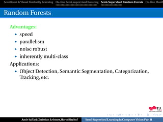 SemiBoost & Visual Similarity Learning On-line Semi-supervised Boosting Semi-Supervised Random Forests On-line Manifo



Random Forests

    Advantages:
           speed
           parallelism
           noise robust
           inherently multi-class
    Applications:
           Object Detection, Semantic Segmentation, Categorization,
           Tracking, etc.




                                                                                                            Graz University of Technology




            Amir Saffari,Christian Leistner,Horst Bischof   Semi-Supervised Learning in Computer Vision Part II
 