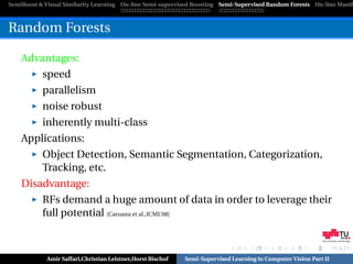 SemiBoost & Visual Similarity Learning On-line Semi-supervised Boosting Semi-Supervised Random Forests On-line Manifo



Random Forests

    Advantages:
           speed
           parallelism
           noise robust
           inherently multi-class
    Applications:
           Object Detection, Semantic Segmentation, Categorization,
           Tracking, etc.
    Disadvantage:
           RFs demand a huge amount of data in order to leverage their
           full potential [Caruana et al.,ICML’08]

                                                                                                            Graz University of Technology




            Amir Saffari,Christian Leistner,Horst Bischof   Semi-Supervised Learning in Computer Vision Part II
 