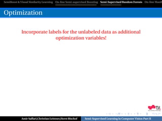 SemiBoost & Visual Similarity Learning On-line Semi-supervised Boosting Semi-Supervised Random Forests On-line Manifo



Optimization

            Incorporate labels for the unlabeled data as additional
                           optimization variables!




                                                                                                            Graz University of Technology




            Amir Saffari,Christian Leistner,Horst Bischof   Semi-Supervised Learning in Computer Vision Part II
 