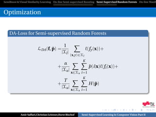 SemiBoost & Visual Similarity Learning On-line Semi-supervised Boosting Semi-Supervised Random Forests On-line Manifo



Optimization


    DA-Loss for Semi-supervised Random Forests

                                               1
                          LDA (f, p) =
                                  ˆ                              (fy (x))+
                                              |Xl |
                                                      (x,y)∈Xl
                                                             K
                                              α
                                           +                     ˆ
                                                                 p(i|x) (fi (x))+
                                             |Xu |
                                                      x∈Xu i=1
                                                             K
                                              T
                                           +                        ˆ
                                                                 H (p)
                                             |Xu |
                                                      x∈Xu i=1



                                                                                                            Graz University of Technology




            Amir Saffari,Christian Leistner,Horst Bischof   Semi-Supervised Learning in Computer Vision Part II
 