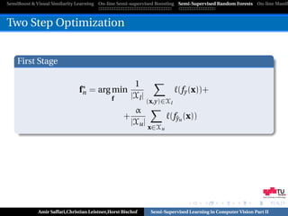 SemiBoost & Visual Similarity Learning On-line Semi-supervised Boosting Semi-Supervised Random Forests On-line Manifo



Two Step Optimization


    First Stage

                                                       1
                              f∗ = arg min
                               n                                          (fy (x))+
                                             f        |Xl |
                                                              (x,y)∈Xl
                                                       α
                                                  +                    (fyu (x))
                                                                         ˆ
                                                      |Xu |
                                                              x∈Xu




                                                                                                               Graz University of Technology




            Amir Saffari,Christian Leistner,Horst Bischof      Semi-Supervised Learning in Computer Vision Part II
 