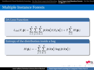 SemiBoost & Visual Similarity Learning On-line Semi-supervised Boosting Semi-Supervised Random Forests On-line Manifo



Multiple Instance Forests


    DA Loss Function

                                     n     ni    K                                       n
                                                           j            j
              LDA (F , p) =
                       ˆ                              ˆ
                                                      p(k|xi )    (Fk (xi ))    +T              ˆ
                                                                                             H (pi )
                                   i=1 j=1 k=1                                         i=1


    Entropy of the distribution inside a bag
                                                ni    K
                                                                 j            j
                              ˆ
                           H (pi ) = −                      ˆ            ˆ
                                                            p(k|xi ) log(p(k|xi ))
                                                j=1 k=1




                                                                                                              Graz University of Technology




            Amir Saffari,Christian Leistner,Horst Bischof     Semi-Supervised Learning in Computer Vision Part II
 