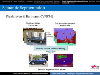 SemiBoost & Visual Similarity Learning On-line Semi-supervised Boosting Semi-Supervised Random Forests On-line Manifo



Semantic Segmentation

    [Vezhnevets & Buhmann,CVPR’10]




                                                                                                            Graz University of Technology




            Amir Saffari,Christian Leistner,Horst Bischof   Semi-Supervised Learning in Computer Vision Part II
 