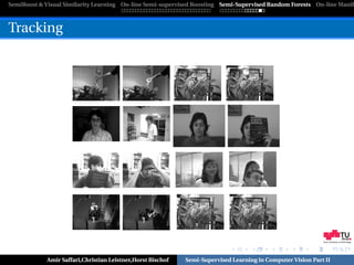 SemiBoost & Visual Similarity Learning On-line Semi-supervised Boosting Semi-Supervised Random Forests On-line Manifo



Tracking




                                                                                                            Graz University of Technology




            Amir Saffari,Christian Leistner,Horst Bischof   Semi-Supervised Learning in Computer Vision Part II
 
