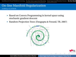 SemiBoost & Visual Similarity Learning On-line Semi-supervised Boosting Semi-Supervised Random Forests On-line Manifo



On-line Manifold Regularization
[Goldberg et al.,ECML’08]




            Based on Convex Programming in kernel space using
            stochastic gradient descent
            Random Projection Trees [Dasgupta & Freund, TR, 2007]




                                                                                                              Graz University of Technology




              Amir Saffari,Christian Leistner,Horst Bischof   Semi-Supervised Learning in Computer Vision Part II
 