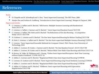 SemiBoost & Visual Similarity Learning On-line Semi-supervised Boosting Semi-Supervised Random Forests On-line Manifo



References
    Books
            O. Chapelle and B. Schoelkopf and A. Zien, “Semi-Supervised Learning”, The MIT Press, 2006
            Xiaojin Zhu and Andrew B. Goldberg, “Introduction to Semi-Supervised Learning”, Morgan & Claypool, 2009
    Papers and Articles
            C. Leistner, A. Saffari and H. Bischof, “MILForests: Multiple-Instance Learning with Randomized
            Trees”,ECCV’10
            C. Leistner, A. Saffari, J. Santner and H. Bischof: “,Semi-Supervised Random Forests”,ICCV’09
            C. Leistner, A. Saffari, P Roth and H. Bischof: “On Robustness of On-line Boosting – A Competitive
                                      .M.
            Study”,(ICCV) OLCV’09
            H. Grabner, C. Leistner and H. Bischof: “On-line Semi-Supervised Boosting for Robust Tracking”,ECCV’08
            B. Zeisl, C. Leistner, A. Saffari and H. Bischof: “On-line Semi-supervised Multiple-Instance Boosting”,CVPR’10
            C. Leistner, “Semi-Supervised Ensemble Methods for Computer Vision”, PhD-Thesis, Graz University of
            Technology, 2010
            A. Saffari, C. Leistner, M. Godec, J. Santner and H. Bischof, “On-line Random Forests”, (ICCV) OLCV’09
            A. Saffari, C. Leistner, M. Godec and H. Bischof, “Robust Multi-View Multi-Class Boosting with Priors”,ECCV’10
            B. Kveton, M. Valko, M. Philipose and L. Huang, “Online Semi-Supervised Perception: Real-Time Learning
            without Explicit Feedback”, (CVPR) OLCV’10
            A. Saffari, C. Leistner and H. Bischof, “Regularized Multi-Class Semi-Supervised Boosting”,CVPR’09
            C. Leistner, H. Grabner and H. Bischof, “Semi-Supervised Boosting using Visual Similarity Learning”,CVPR’08
            A. Saffari, C. Leistner and H. Bischof, “Regularized Multi-Class Semi-Supervised Boosting”,CVPR’09
            A. Saffari, H. Grabner and H. Bischof, “SERBoost: Semi-supervised Boosting with Expectation                Graz University of Technology
            Regularization”,ECCV’08

             Amir Saffari,Christian Leistner,Horst Bischof        Semi-Supervised Learning in Computer Vision Part II
 
