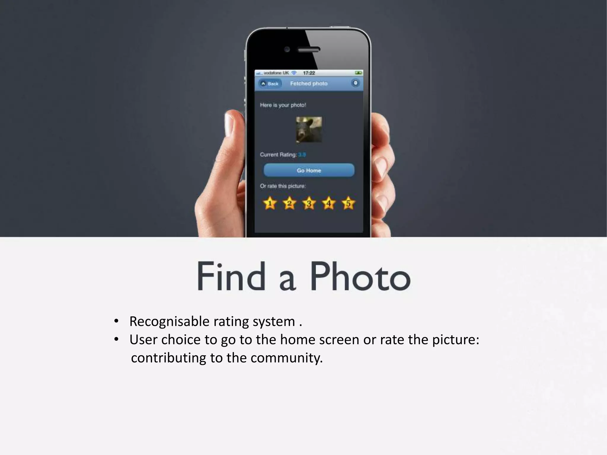    Testing showed that photo selection can be tricky on touch-screen devices.   Immediate feedback, notifying user of system process and consequential happiness change.   Light-hearted photo reflects application character.   Consistent menu, identical to feed menu: recognition rather than recall.   Limited options to streamline process.