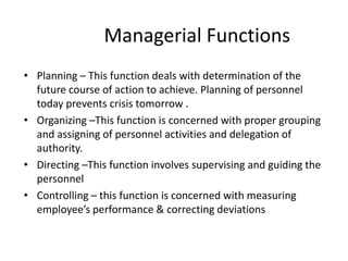 Functions of HRMManagerial functionsPlanning Organizing Directing Controlling Operative functionsEmploymentHuman resources development Compensation Human relations Industrial relations Emerging issues in HRM 