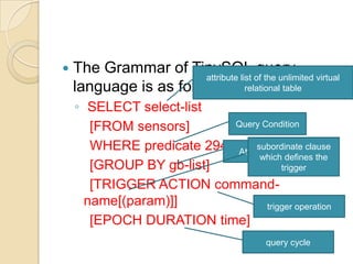 2. Complex queriesThey may contain sub queries.  E.g. "SELECT temperature FROM sensor WHERE room = (SELECT room WHERE floor = ’3’)"