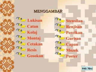 MENGGAMBAR Next Prev Lukisan Catan Kolaj  Montaj Cetakan Resis Gosokan Stensilan Renjisan Percikan Gurisan Capan Mozek Poster 