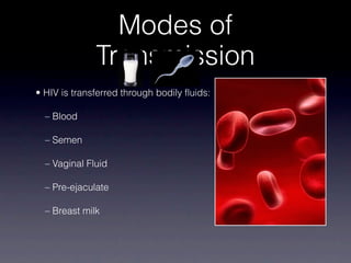 Modes of
              Transmission
• HIV is transferred through bodily fluids:

  – Blood

  – Semen

  – Vaginal Fluid

  – Pre-ejaculate

  – Breast milk
 