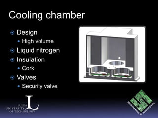 Cooling chamber
   Design
     High volume
 Liquid nitrogen
 Insulation
     Cork
   Valves
     Security valve
 