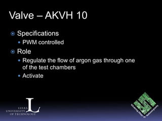 Valve – AKVH 10
   Specifications
     PWM controlled
   Role
     Regulate the flow of argon gas through one
      of the test chambers
     Activate
 