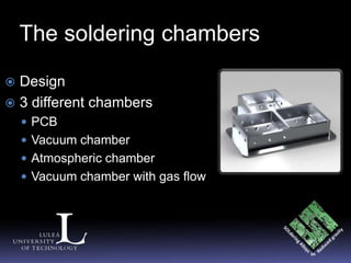 The soldering chambers

 Design
 3 different chambers
     PCB
     Vacuum chamber
     Atmospheric chamber
     Vacuum chamber with gas flow
 
