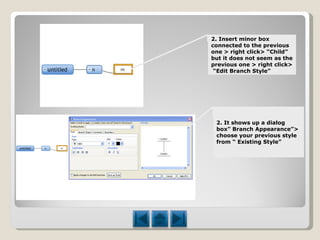 2. Insert minor box connected to the previous one > right click> “Child” but it does not seem as the previous one > right click>  “Edit Branch Style”  2. It shows up a dialog box” Branch Appearance”> choose your previous style from “ Existing Style”  