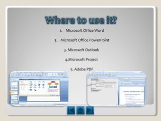 Microsoft Office Word Microsoft Office PowerPoint 3. Microsoft Outlook  4.Microsoft Project  5. Adobe PDF 