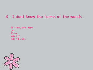 N = tion , sion , ment
, er .
V= ize
Adv = ly
Adj = al , ive ,
 