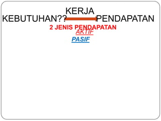 KERJA
KEBUTUHAN??      PENDAPATAN
        2 JENIS PENDAPATAN
                AKTIF
               PASIF
 
