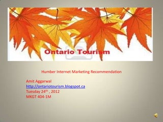 Humber Internet Marketing Recommendation

Amit Aggarwal
http://ontariotourism.blogspot.ca
Tuesday 24th , 2012
MKGT 404-1M
 