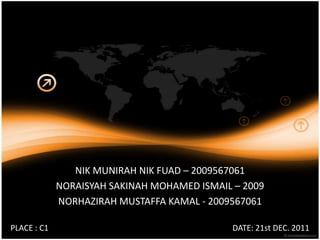 NIK MUNIRAH NIK FUAD – 2009567061
             NORAISYAH SAKINAH MOHAMED ISMAIL – 2009
             NORHAZIRAH MUSTAFFA KAMAL - 2009567061

PLACE : C1                                    DATE: 21st DEC. 2011
 