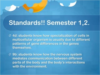 Standards!! Semester 1,2.
 4d: students know how specialization of cells in
 multicellular organism is usually due to different
 patterns of gene differences in the genes
 themselves.

 9b: students know how the nervous system
 mediates communication between different
 parts of the body and the body’s interactions
 with the environment.
 