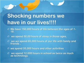 Shocking numbers we
have in our lives!!!!
 We have 150,000 hours of life between the ages of 1-
 18.
 we spend 50,00 hours of sleep in those ages,
  we we spend 65,000 hours of our life with family and
 friends ,
 we spend 35,000 hours and other activities
 we spend 12,000 hours in school as twice as much
 as technology.
 